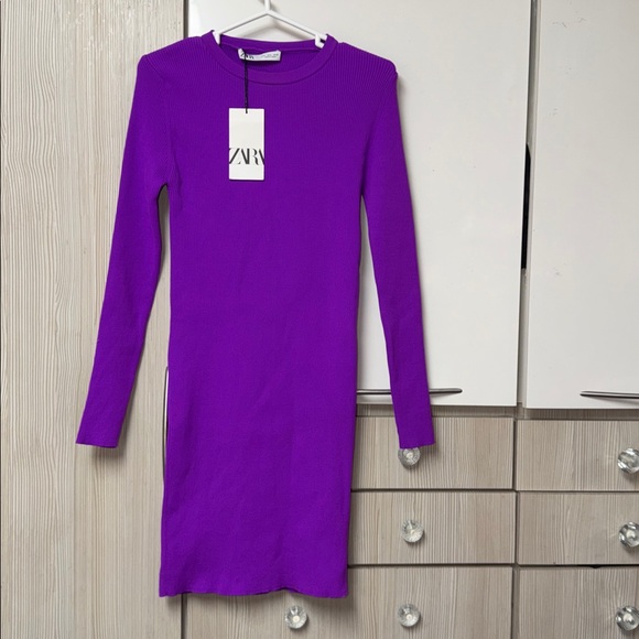 Zara ribbed long sleeves bodycon dress back openning , vibrant purple, stretch - Picture 8 of 10